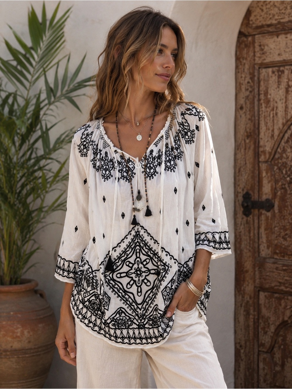 Calypso St. Barth White & Black Embroidered Peasant Tunic Top Cotton XS BOHO